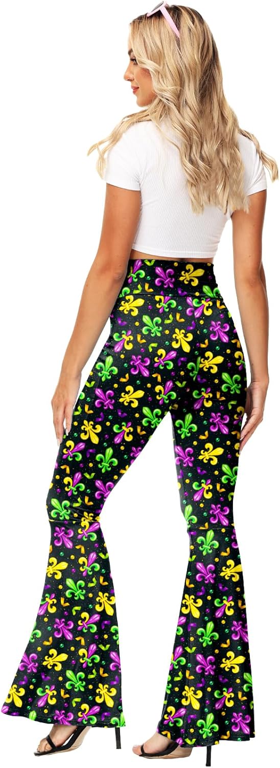 AOBUTE Womens Mardi Gras Bell Bottoms Purple Green Yellow High Waist Flare Pants - Image 7