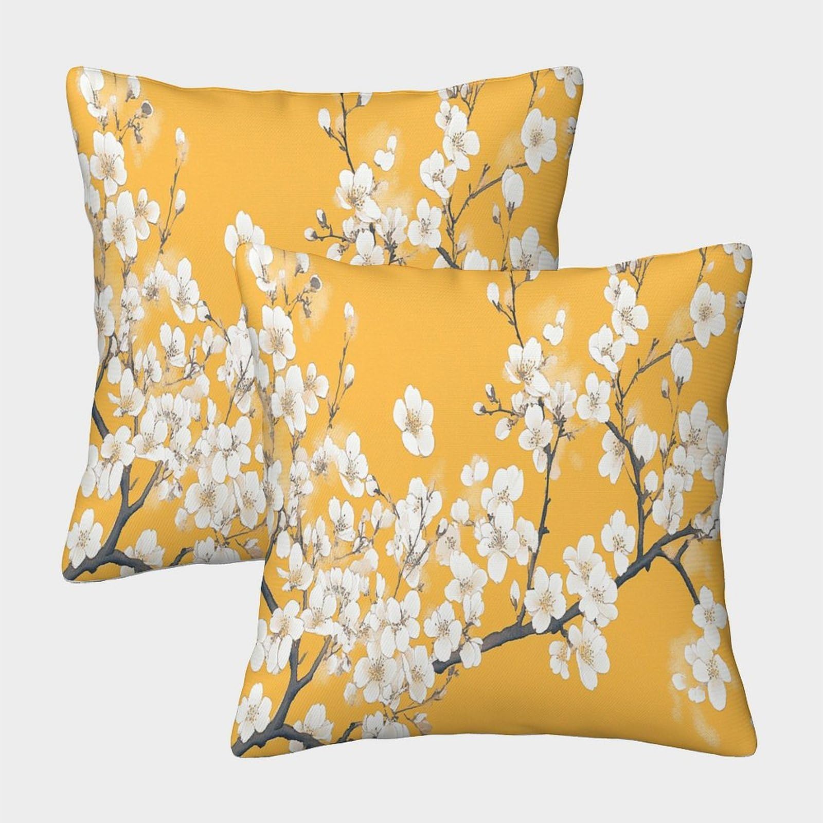 kaiyun 2 Pack Mustard Yellow,White Apricot Blossom 3D Image Printed Single-sided Cushion Cover 50x50cm