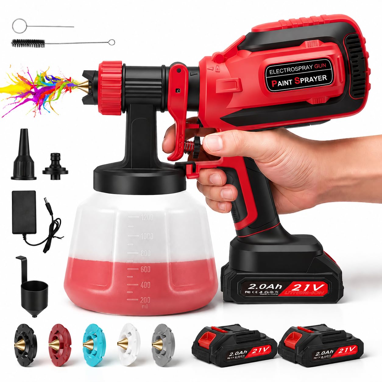 Pistolet à Peinture sans Fil 21V HVLP 800 ML/Min avec 5 Buses, Réservoir 1200 ML & 2 Batteries – 3 Modes de Pulvérisation pour Meubles, Clôtures, Portes & Bricolage