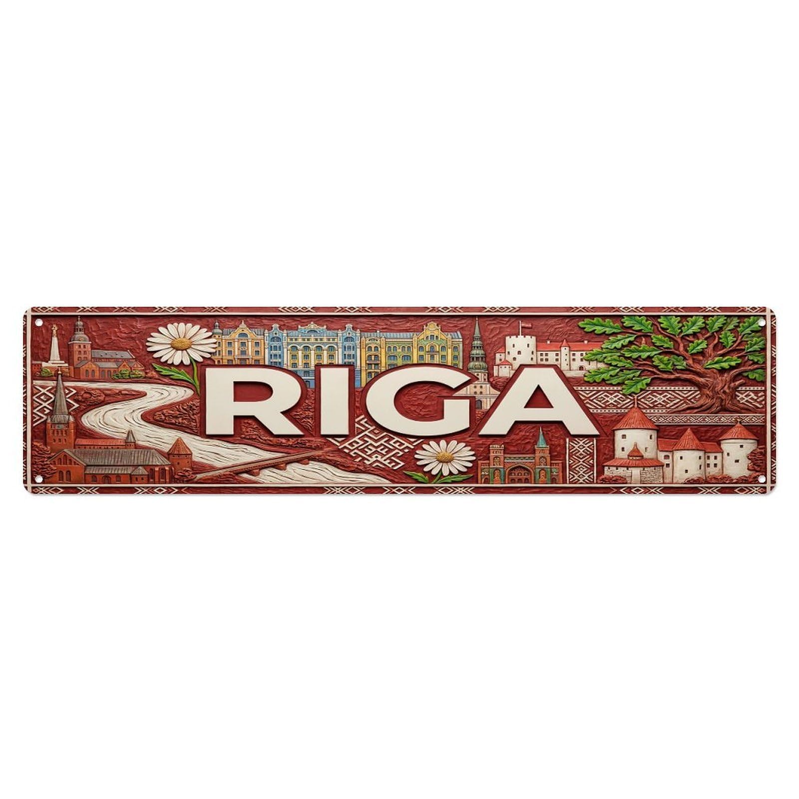 Cwbufd Vintage Style Vintage Riga Latvia Flag Pattern Vintage Metal Tin Sign Plaque Wall Decor For Cafe, Club Bar, Office, Garden Metal Poster 4X16inch