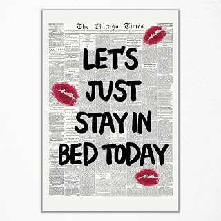Lets Stay In Bed Romantic Wall Art, Funky Couples Above Bed Wall Decor, Trendy Kiss Lips Mark Poster Canvas, Black White Newspaper Art Aesthetic Apartment Decor 12x16in Unframed