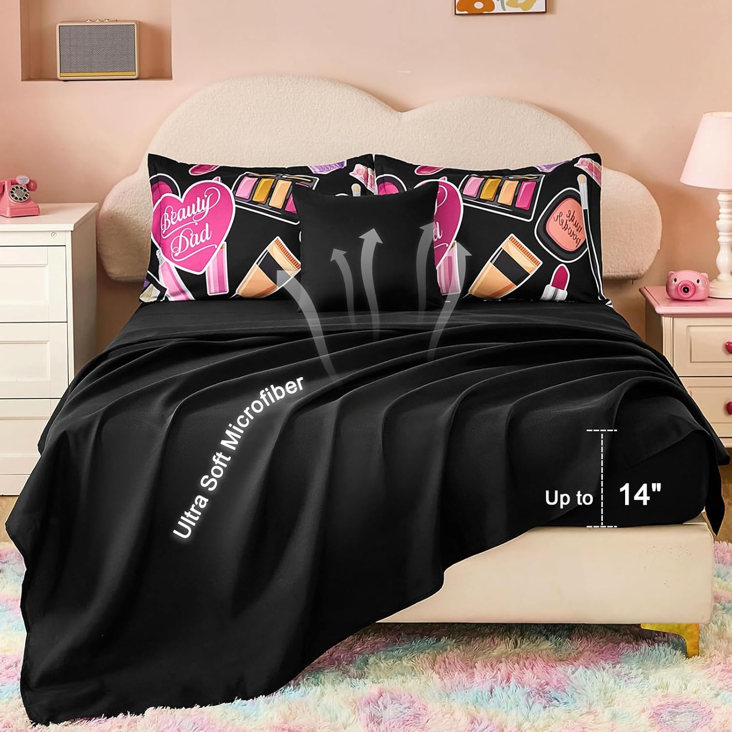 Anibedding Twin Comforter Set for Girls,6 Pieces Cosmetic Lipstick Thamed Bedding Set for Kids,Ultra Soft Microfiber Bed in Bag Twin Size(68" x86")