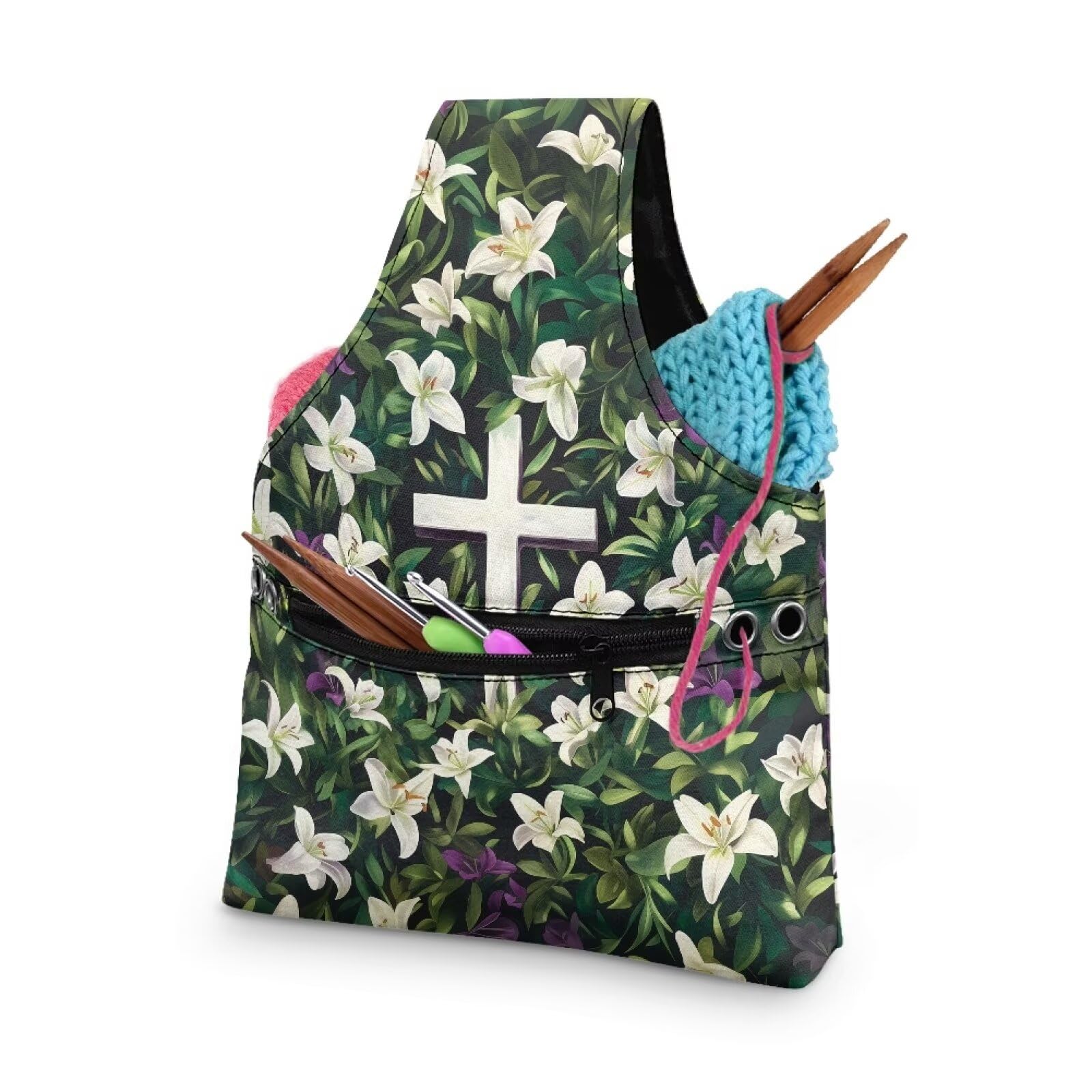 Qehuruxo Crochet Bag Crochet Bag Organizer Needlework Tool Storage Bag Waterproof Vest Handbag Suitable for Knitting Lover Cross Lily