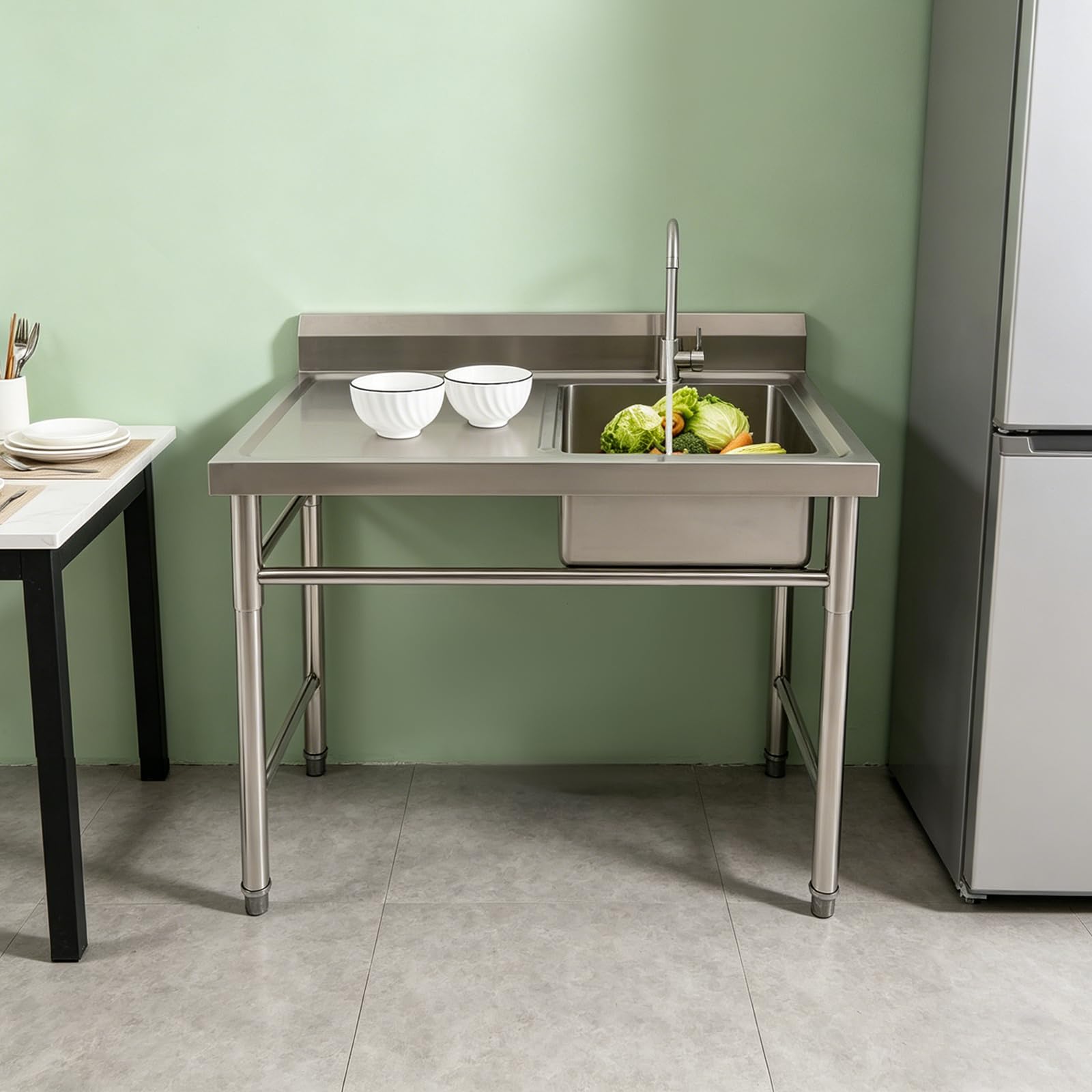 Küchenspüle, Freistehende Edelstahl Spültisch Gastro 1 Becken, Edelstahlspüle, Gewerbliche Spülbecken mit Wasserhahn Kalt und Warmwasserschläuchen für Waschküche, Bauernhaus