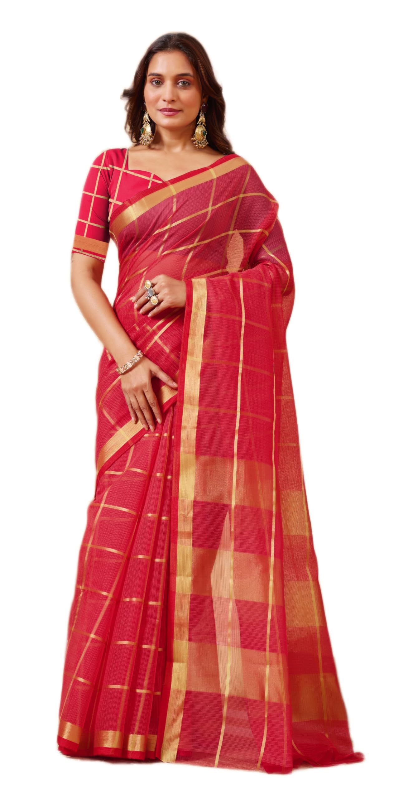 stylescope Women's Kota Doria Cotton Zari Checks Manipuri Saree With Unstitched Blouse Piece (Malanng)-picture-35