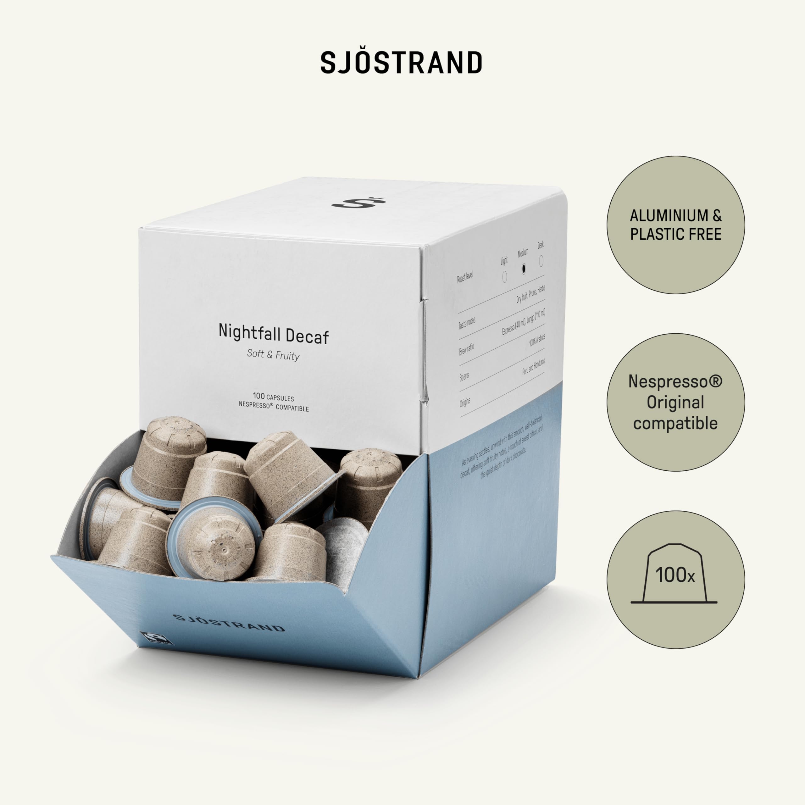 Sjöstrand Coffee Concept Nightfall Decaf – Organiczne kapsułki z kawą, kompatybilne z Nespresso, 100 kapsułek, kompostowalne, Fairtrade.