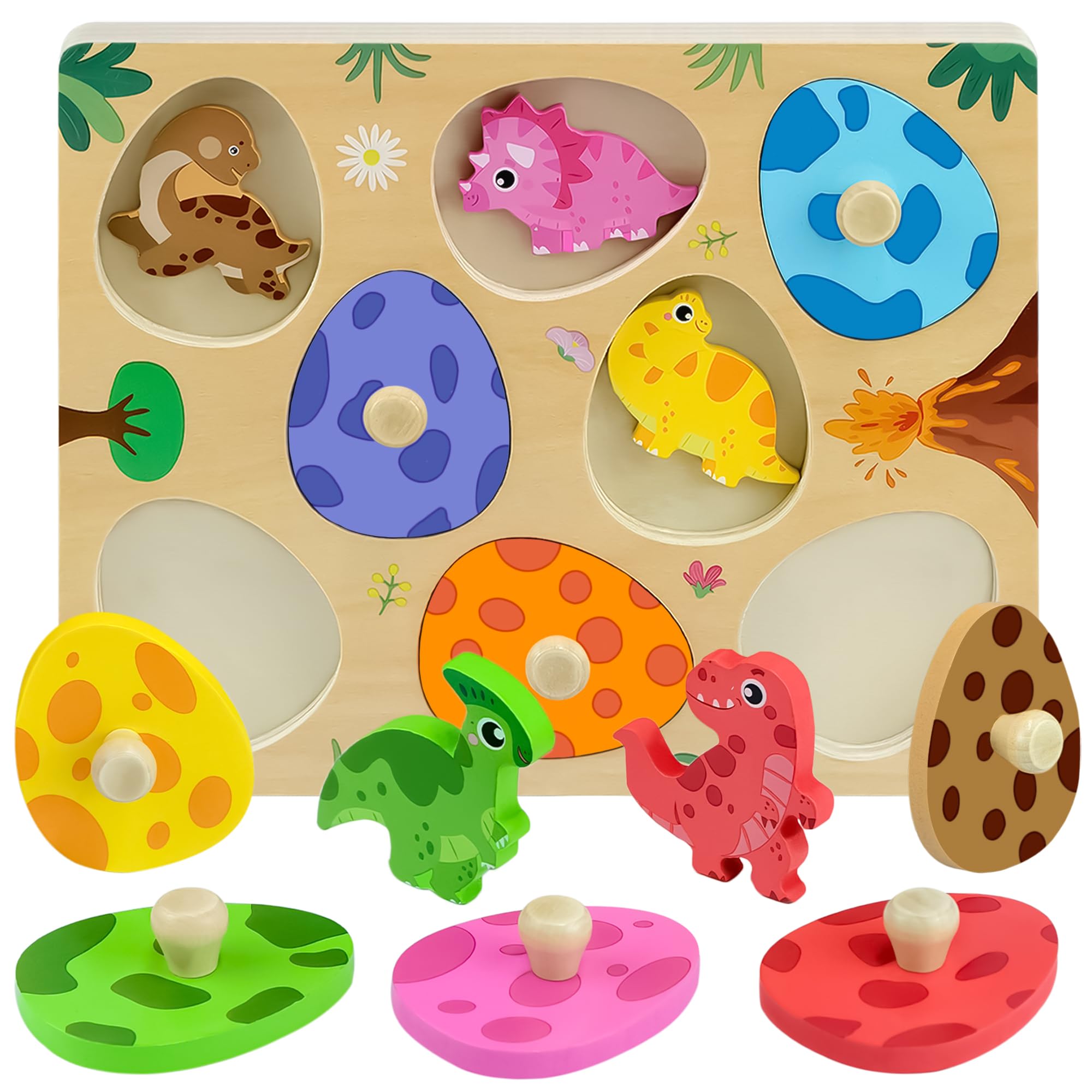 Peg Puzzles Wooden Montessori Toys for Toddlers 1 2 3, Wooden Shape Peg Puzzles for 1 2 Year Old Boys Girls, Educational Learning Toy for Kids, Puzzle Easter Gifts for 12-18 Months Baby [Dinosaur]