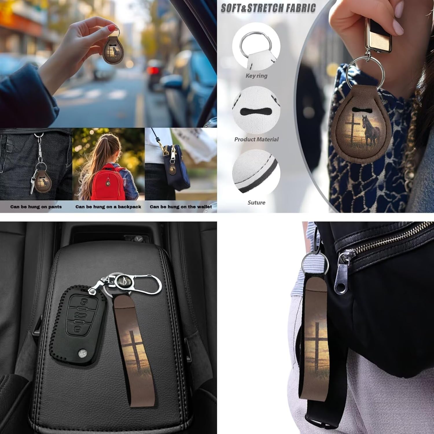 Car Seat Covers Full Set with Steering Wheel Cover Seatbelt Pads Coasters Center Console Cover Cross Horse Keychain Chapstick Holder 13 PCS Auto Interior Sets Accessory