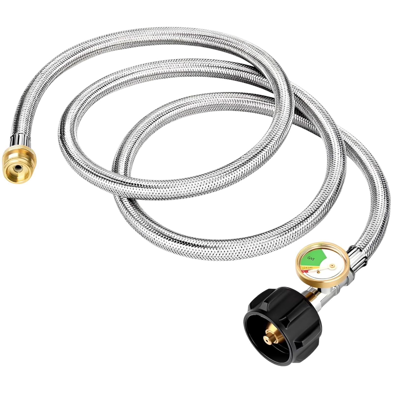Tuyau d’extension pour réservoir de propane de 6 ft, tresse en acier inoxydable, avec manomètre, adaptateur QCC1, compatible avec chauffage portable, barbecue Weber, réchaud Coleman et appareils à gaz