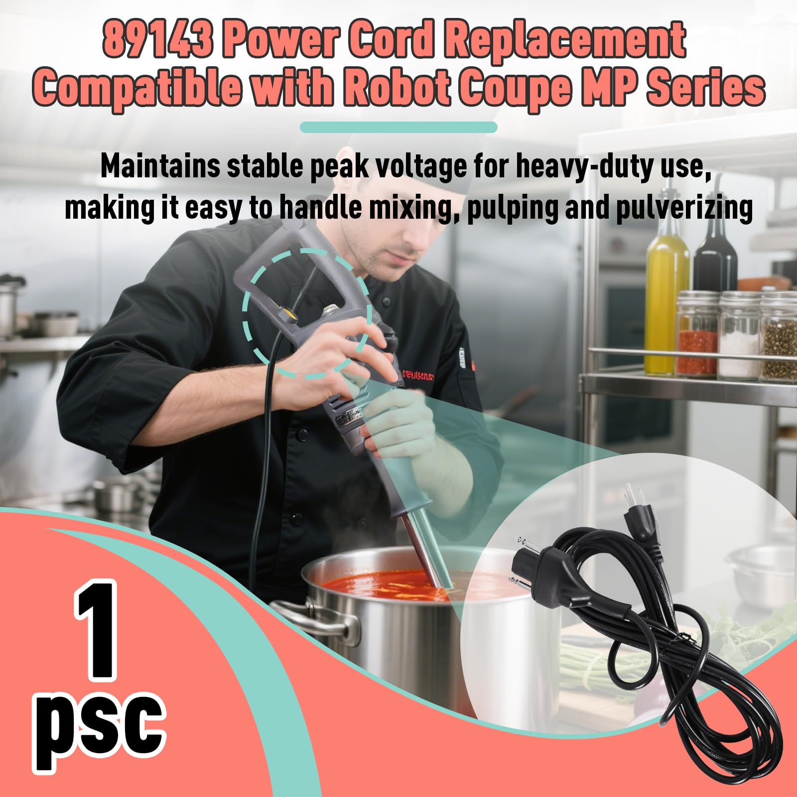 Cordon d'alimentation de rechange 89143 compatible avec Robot Coupé MP Series, 120 V 380 cm Noir Cordon mélangeur à immersion pour MP350 MP450 MP550 MP600 MP800