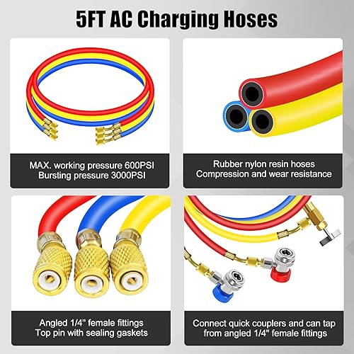 Miniatura 4 de Juego de manómetros de colector de CA, 3 vías HVAC R134a R404a Kit de herramientas de carga de refrigerante, con mangueras, adaptador de acoplador