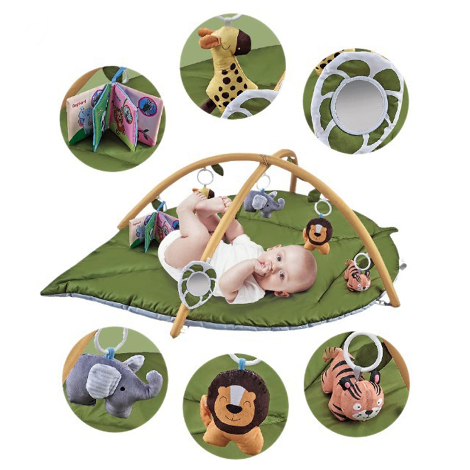FOLODA Geräumige 142 x 90 cm große Krabbelmatte mit verstellbarem rundem und interaktivem Spielzeug, grüne Spielmatte für Babys
