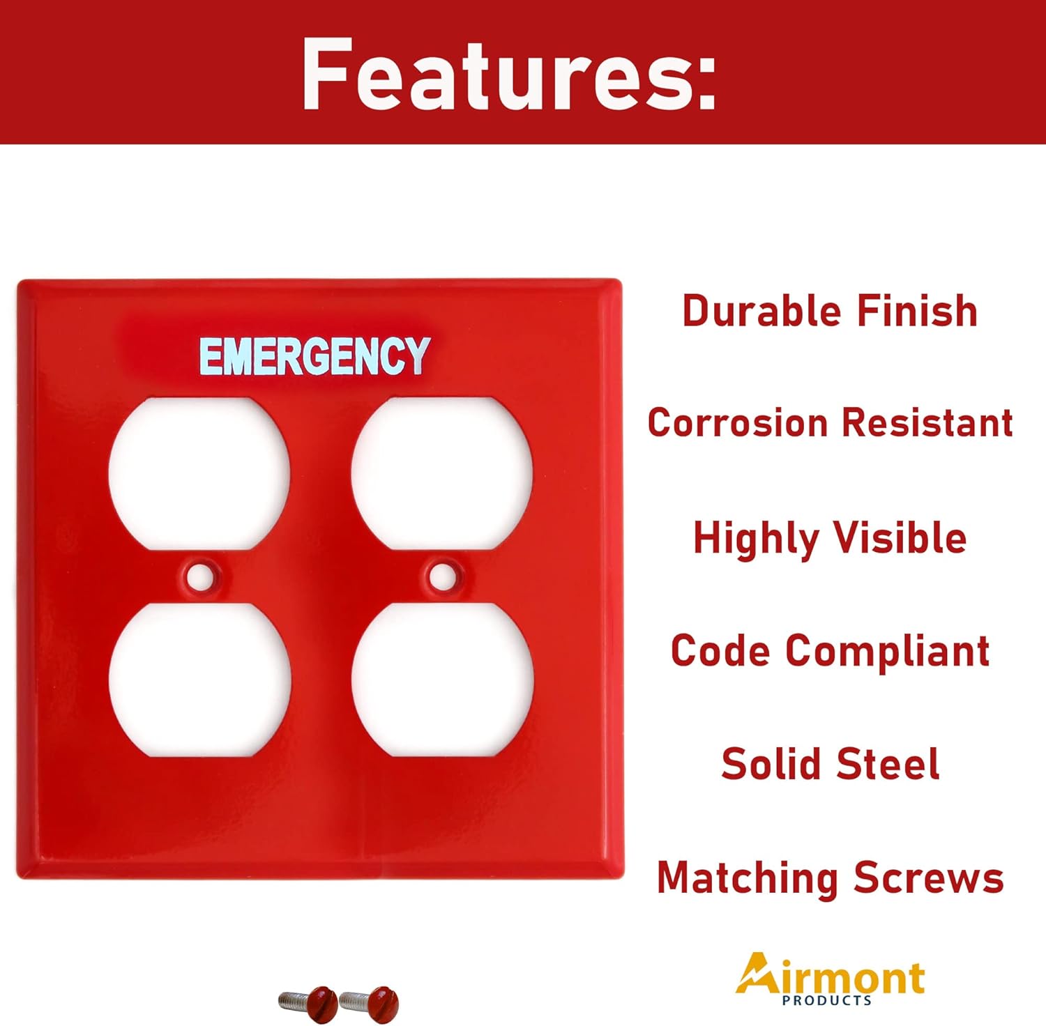 (5 Pack) Emergency Red Outlet Covers, Duplex Receptacle Switch Wall Plate, 2-Gang Standard Size, Heavy Duty, Red Metal, With White Silk-Screened Lettering, Code Compliant, Noticeable