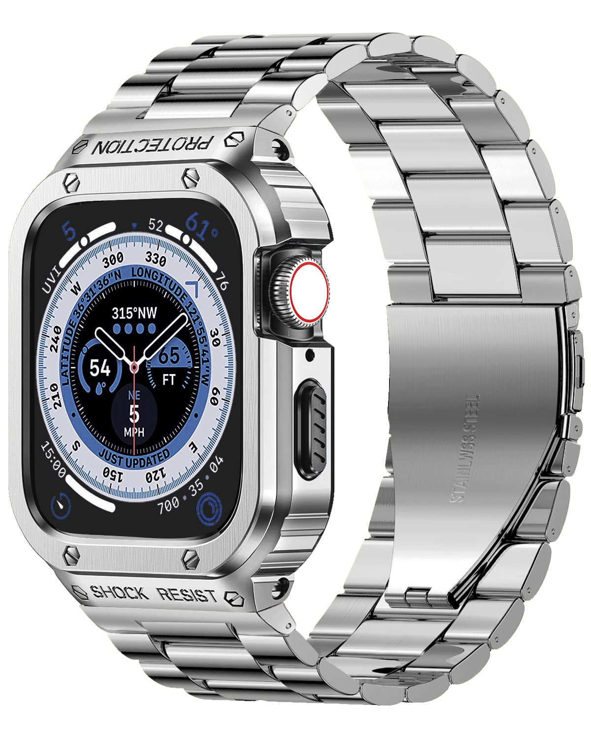 MioHHR Stainless Steel Band and Case Compatible Apple Watch Band 44mm, Men Rugged Metal Strap and Protective Bumper Cover for iWatch Series SE 6 5 4 (Sliver,44mm)