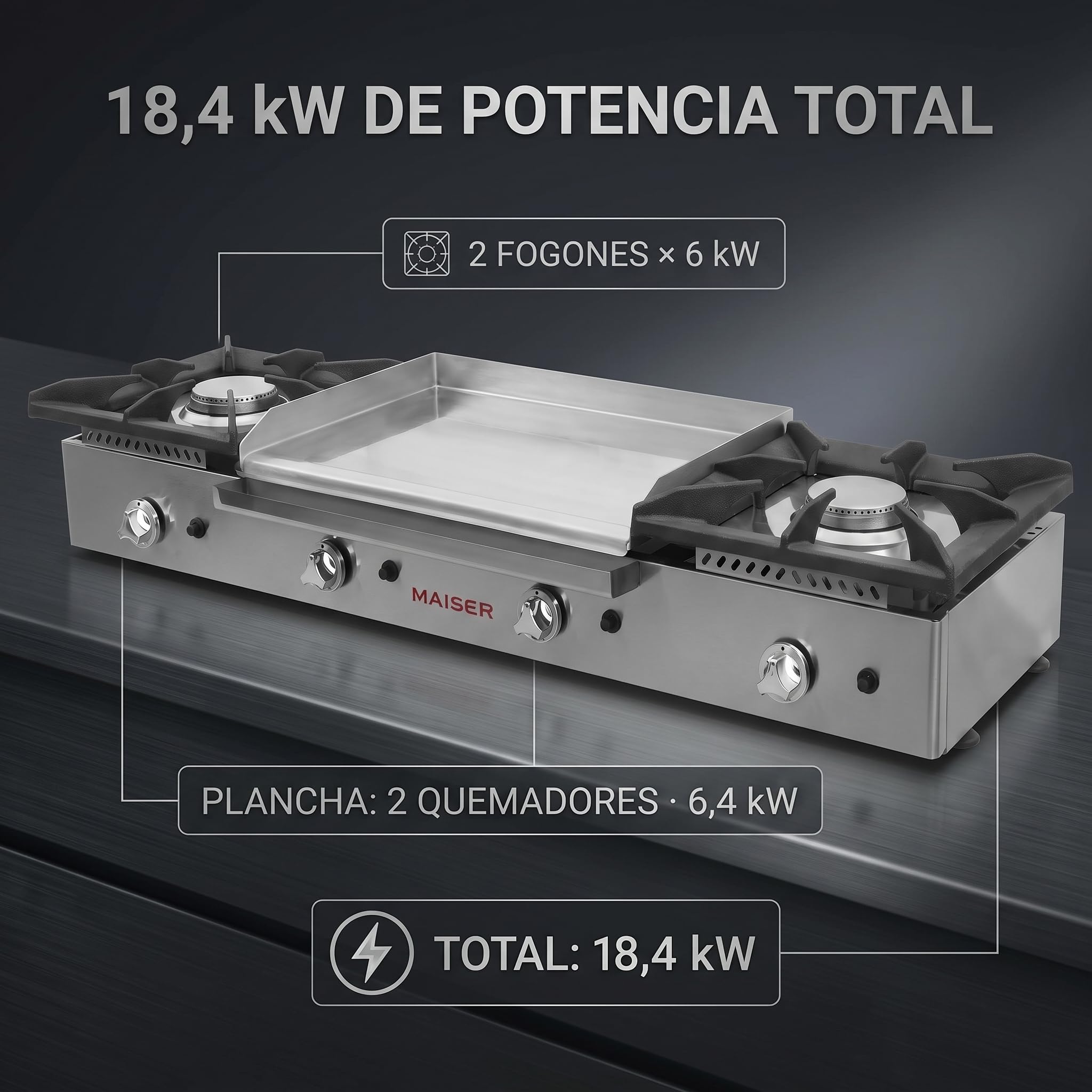 Cocina Gas Butano con Plancha Cromo Duro 60 cm, 2 Fuegos