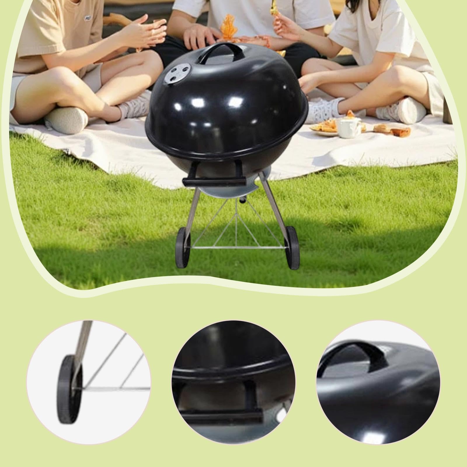 Barbecue a Carbone Rotondo con Ruote E Coperchio per Cucinare All'aperto, Nero