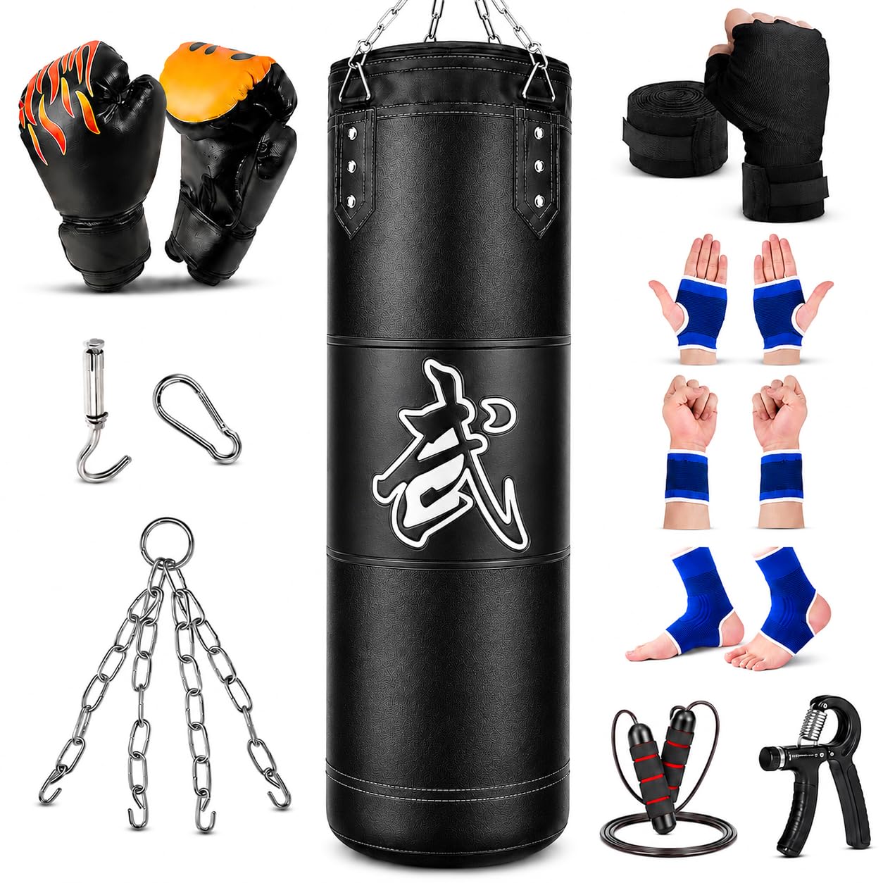 Saco de boxeo Set para Adultos, Adolescentes, Niños, 1.2m Oxford con gancho de techo, cadenas, guantes, Entrenador de agarre, cuerda para saltar -MMA, Karate, Kickboxing, Boxeo, Home-Gym(sin rellenar)