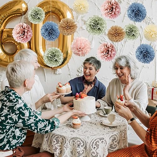 Miniatura 6 de 16 pompones de papel de seda retro bohemio, color rosa polvoriento, azul, salvia, verde, marrón, flores rústicas, salvia, verde salvia, azul