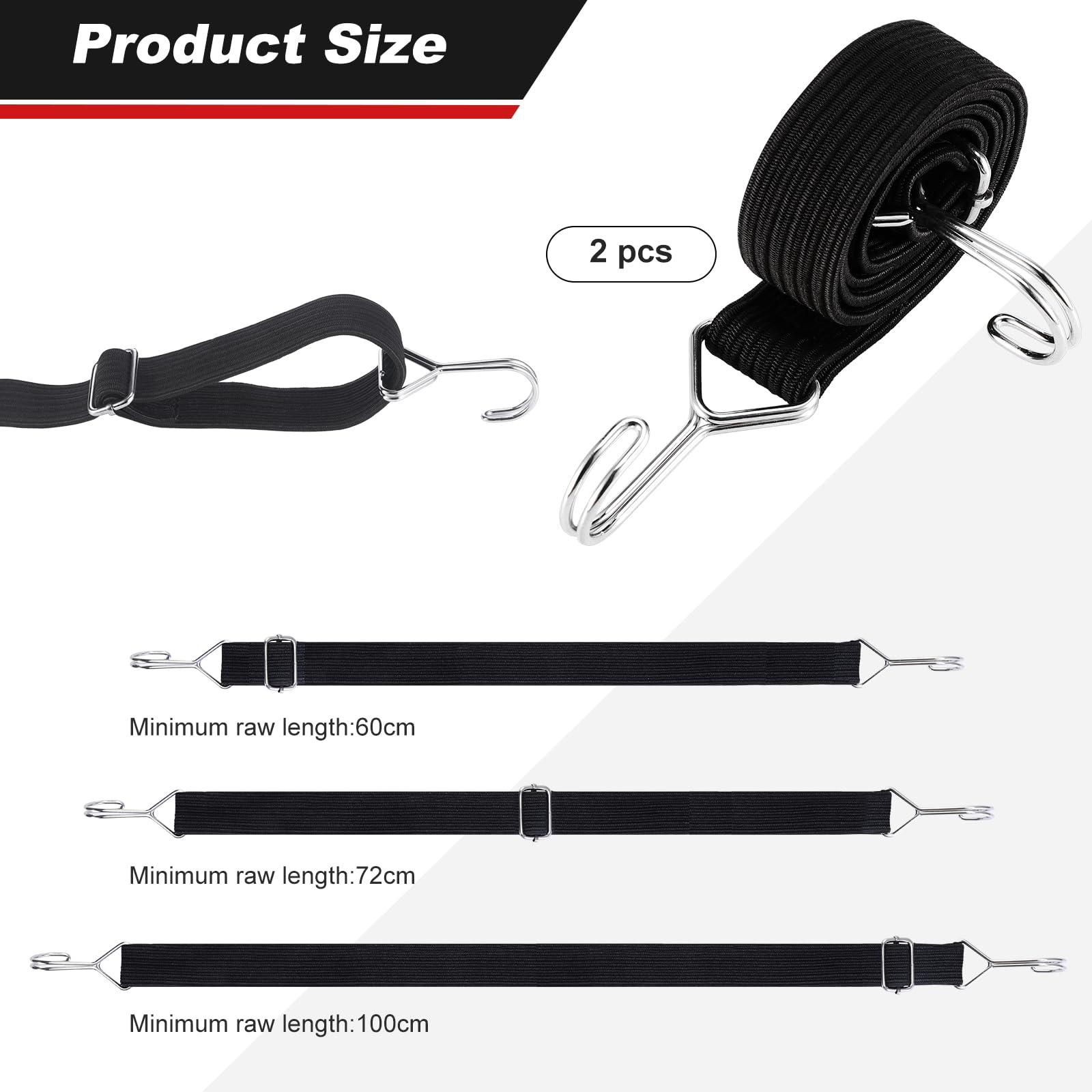 Coptiner 2 PCS Adjustable Bungee Cords with Hooks Heavy Duty Rubber Elastic Straps Long Flat Bungee Hooks Cords for Bike Luggage Rack Tarp Camping Tent Car Roof Rack Fixings - Image 2