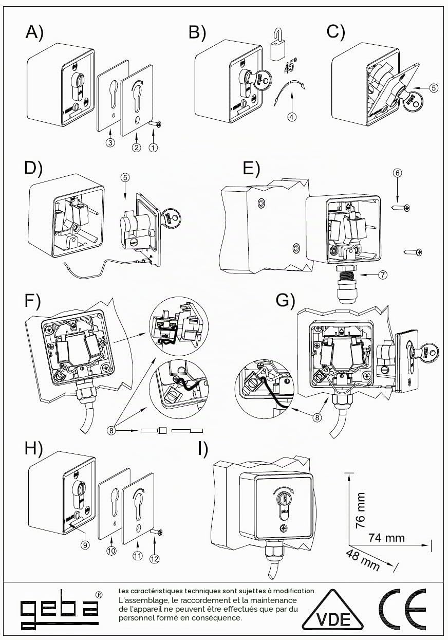 geba Interrupteur à clé MSC-APZ 1-2T/1 - En aluminium - Montage en saillie - Avec demi-cylindre profilé DIN - 2 boutons - 3 clés - Anti-effraction - Gris clair - IP54 - Pour porte de garage