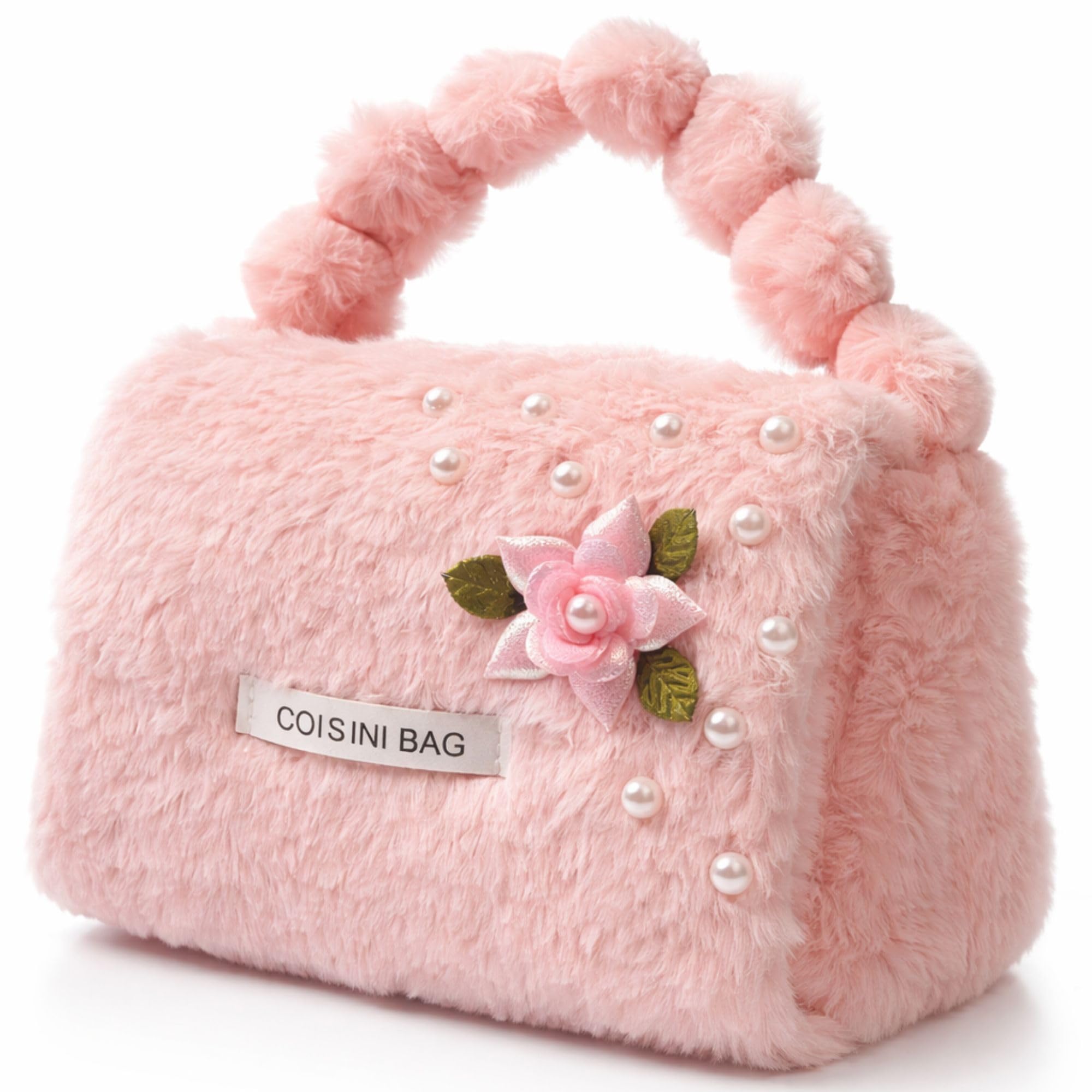 Women’s Soft Fur Handbag with Pearl & Flower Design – Stylish Mini Clutch Purse for Girls | Cute Party, Wedding & Birthday Gift Hand Bag (Pink)-image-9