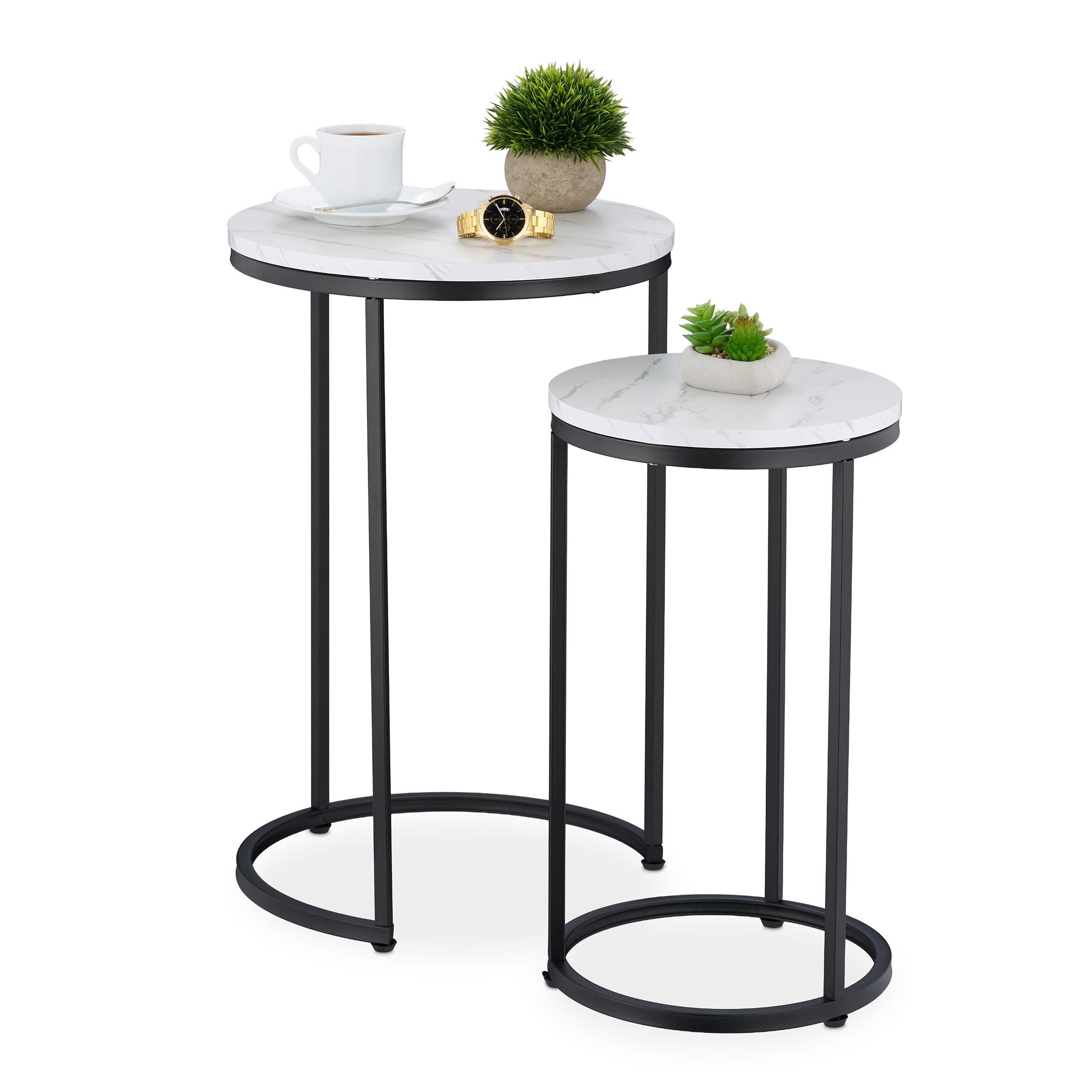 Relaxdays Tavolini da Salotto, Set da 2 Tavoli Bassi da caffè da Divano, Comodini Rotondi Effetto Marmo, Nero Bianco