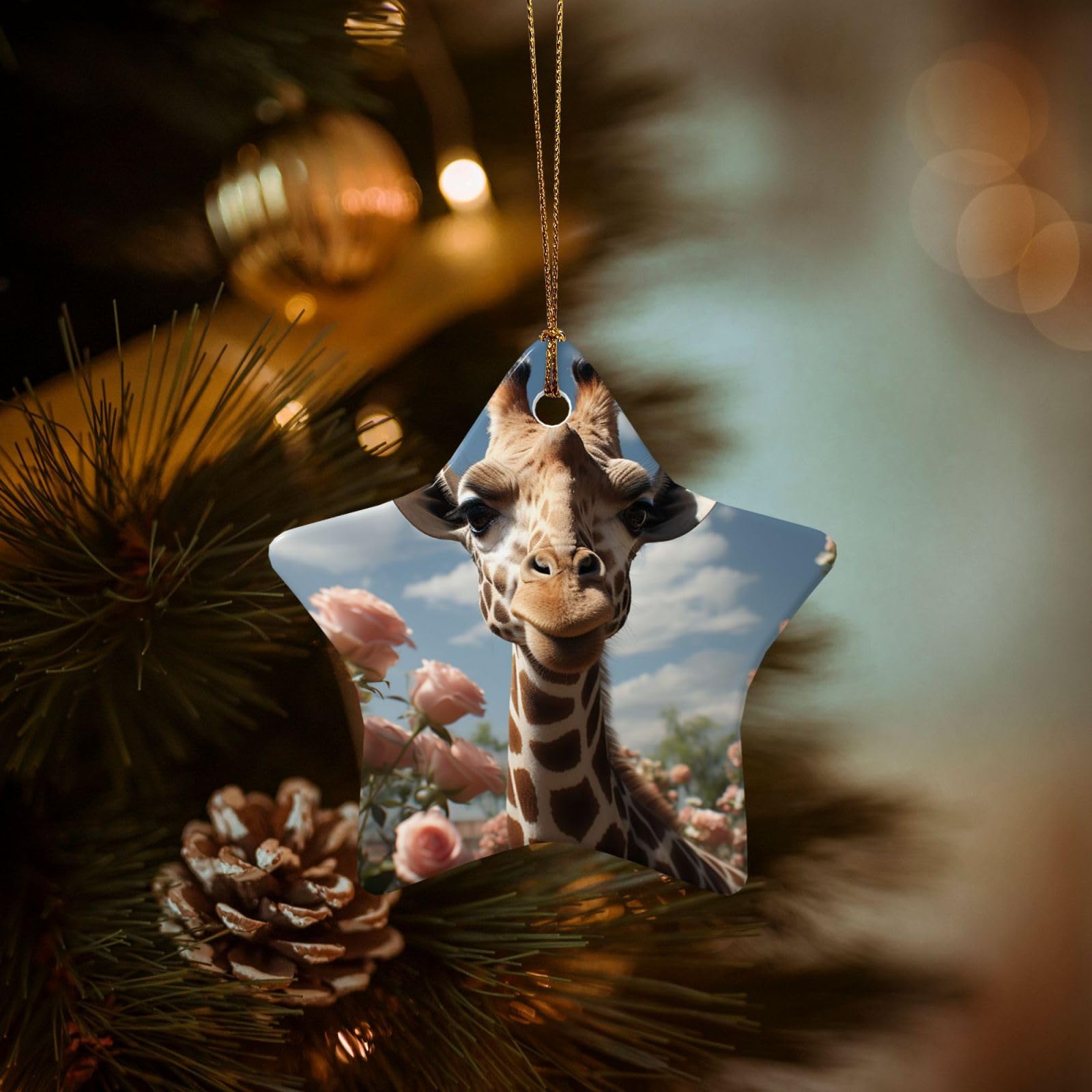 Christmas Tree Ornaments Ceramics Christmas Decorations Beautiful Giraffe Ornaments with Gold Ribbon Porcelain Xmas Tree Crafts Star Shape Hanging Pendant for Christmas Tree Party Decor