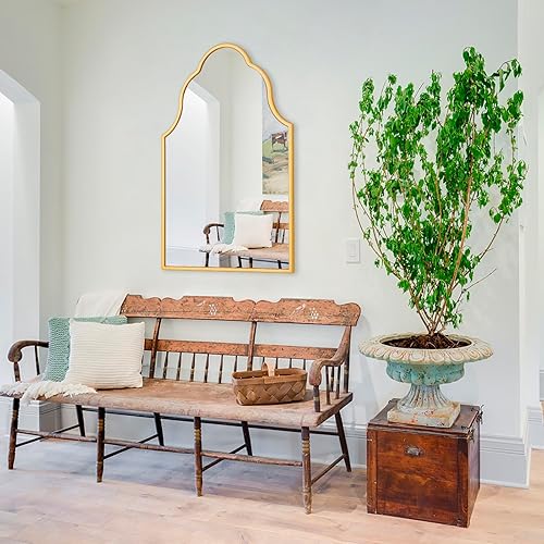 Miniatura 4 de Chende Espejo de baño dorado con marco de madera, espejo arqueado de 36 x 24 pulgadas para decoración de sala de estar, espejo festoneado moderno