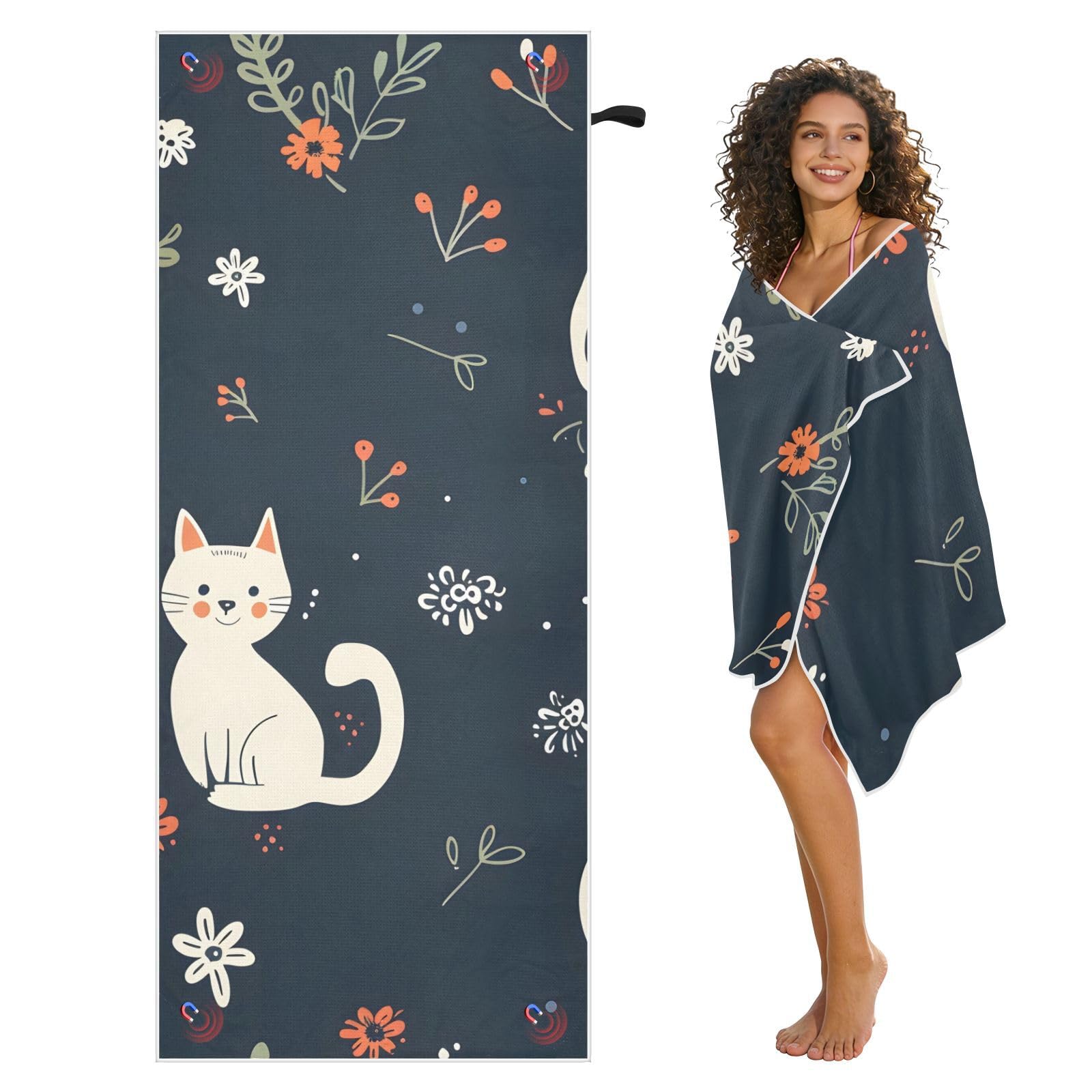 Grandes serviettes de plage avec sacs en maille pour adultes, motif chat et fleur de dessin animé avec fermeture magnétique, serviette absorbante à séchage rapide pour piscine, camping et voyage