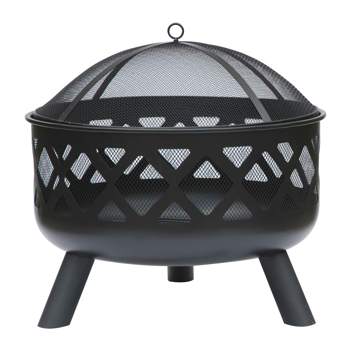 CHARLES BENTLEY Outdoor, Patio, Garden, Round Black Fire Pit, Lattice Design, Mesh Cover, Weather Resistant, Wood And Charcoal, Heatproof Paint, Safety Poker, Log Grate, Durable Steel Bowl (61x58cm)