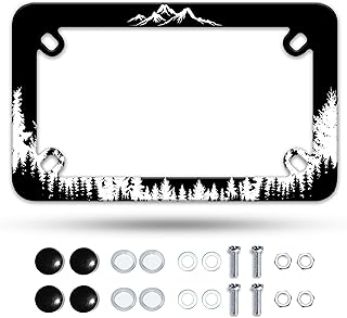 Motorcycle Mountain Forest License Plate Frame Mountains Landscape Stainless Steel Material Funny Motorbike License Plate Holder Motorcycle Accessories 7" X 4" Inch