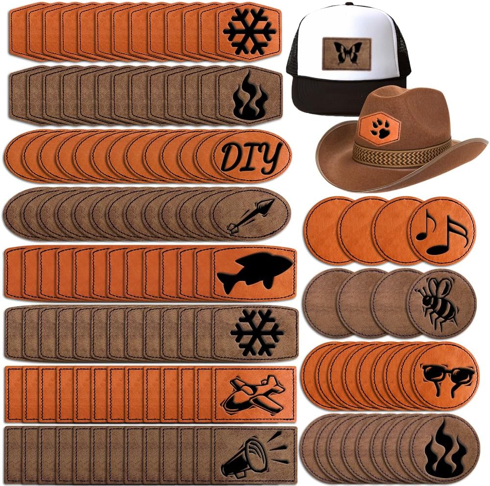 130 Pcs 5 Types of Shape Custom Logo Blank Rustic Hat Leather Patch with Adhesive,Iron on Heat Press Laser Engraving Repair Sew for Cowboy Cap Faux Leatherette Patch (130PC-5IT-Khaki+Brown)