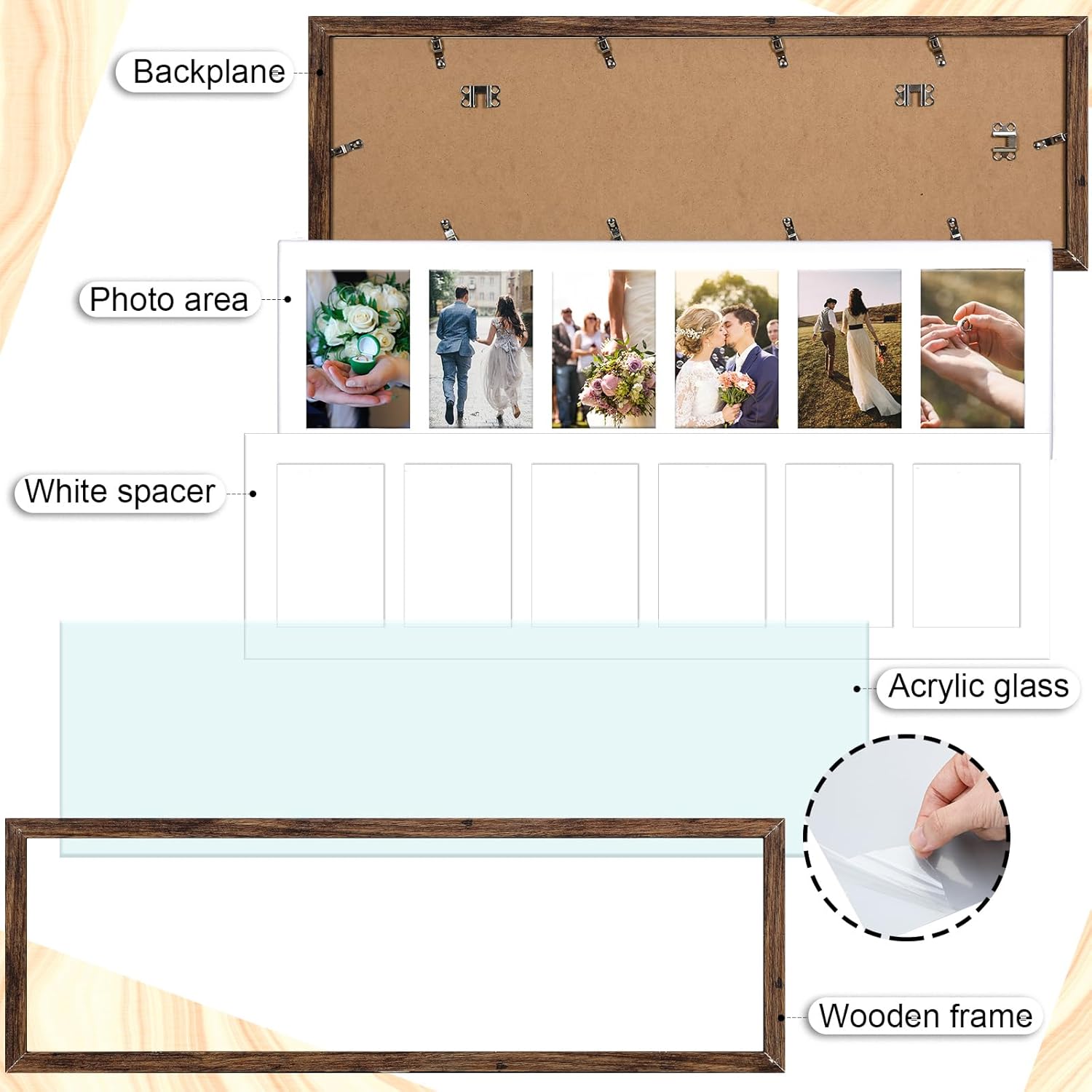 Chunful 2 Pcs 28.4 x 9.5 Inch Collage Picture Frames for Wall Hanging Long Multiple 4 x 6 Inch 6 Opening Multi Wood Multi Picture Photo Frame Display with Acrylic Screens Horizontal and Vertical