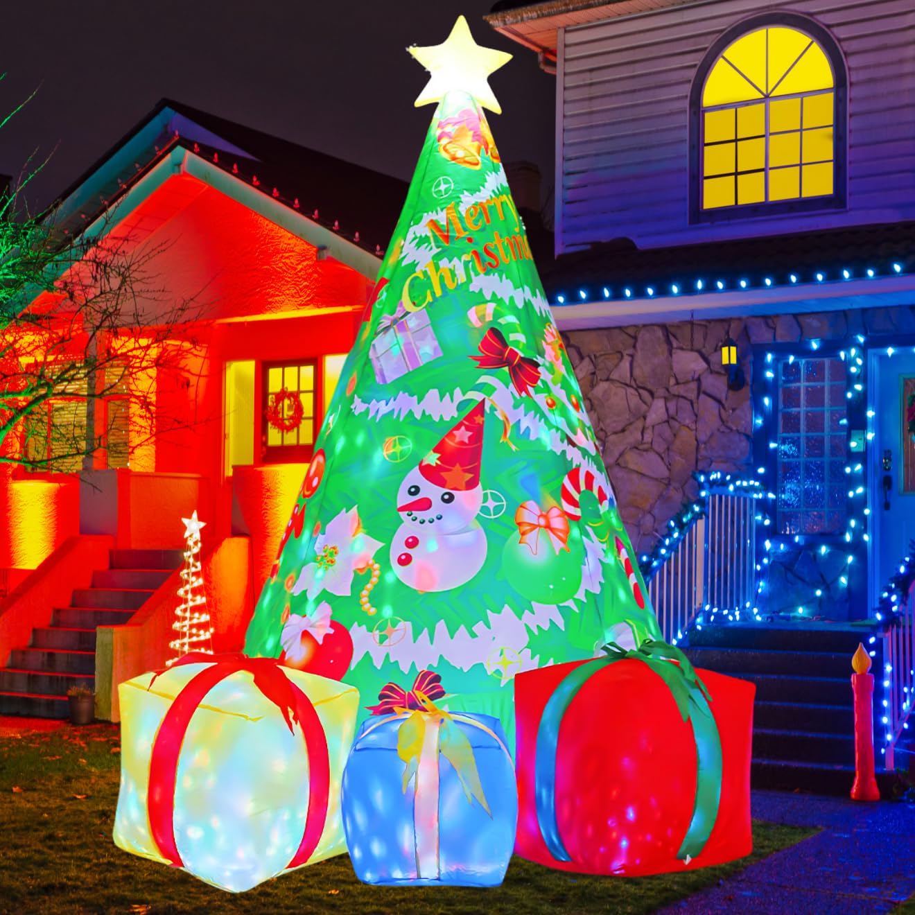 Comin Bonhomme de Neige Gonflable de Noël avec Une boîte, décoration de Cour Gonflable avec lumières LED intégrées pour Les Vacances, Les fêtes, Noël, la Cour, Le Jardin