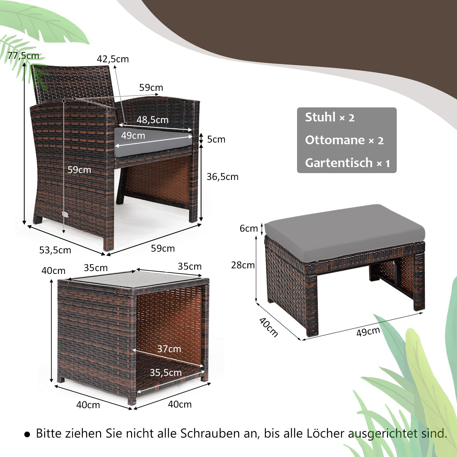 GOPLUS Mobiliario de jardín de 5 piezas, de ratán sintético, conjunto de muebles de jardín compuesto por 1 mesa, 2 sillas y 2 otomanas, cojines con funda extraíble y lavable, bar, terraza (gris)