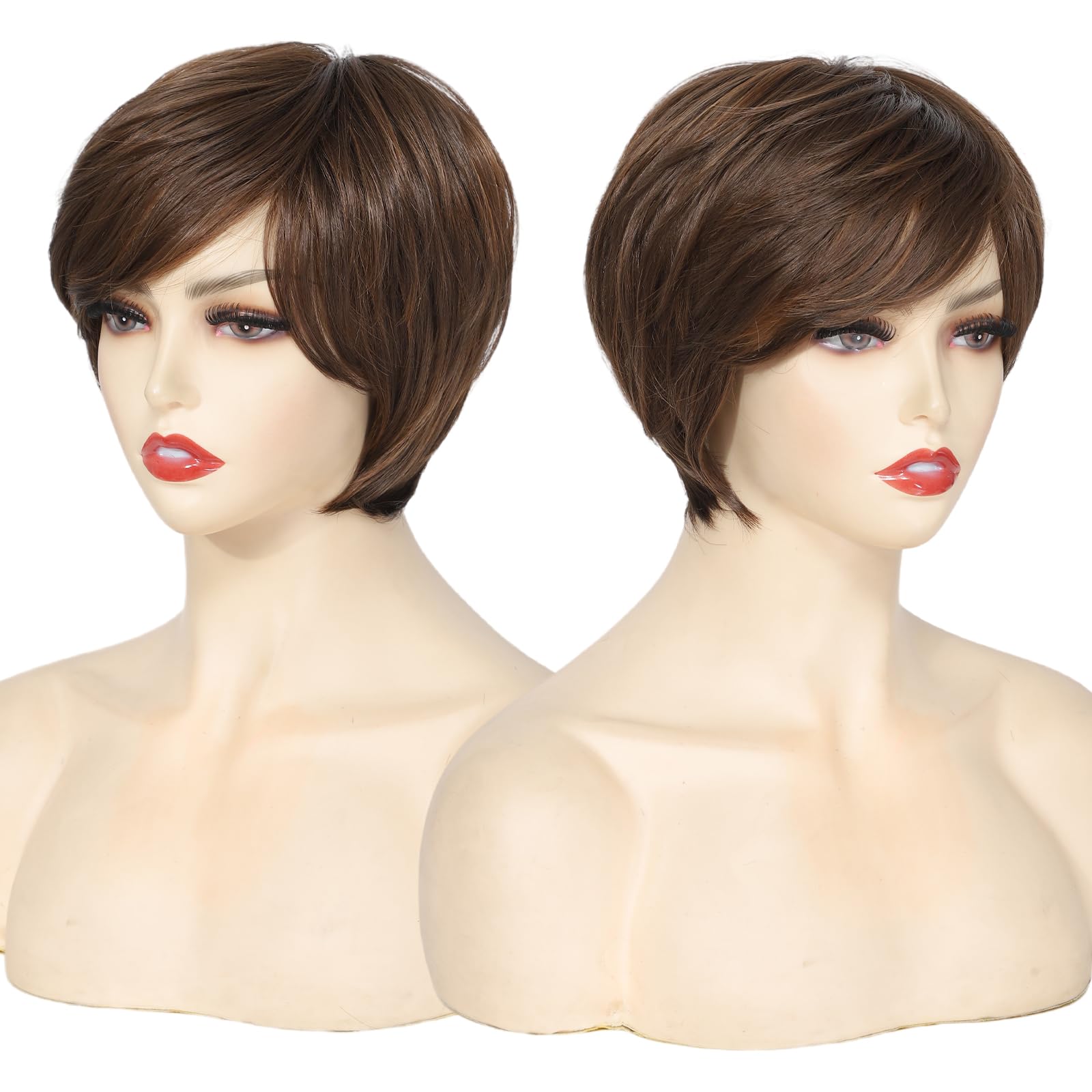 Yamel Brpwn Streaked Pixie Wig with Bangs for Daily Use or Cosplay Natural Straight Layered Synthetic Hair Short Wigs for Women Ladies