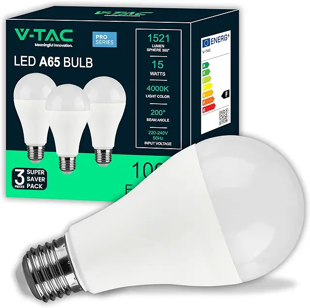 V-TAC Lampadine LED 15W E27 A65 - 3x Alta Luminosità 1521 Lumen - 4000K Luce Naturale