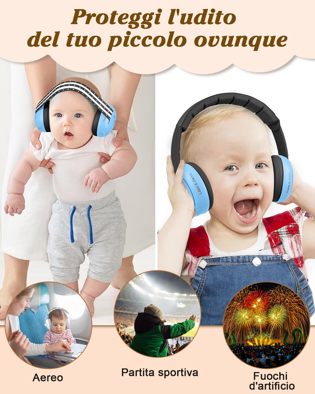 Generico 2 in 1 Cuffie Neonato Antirumore -25dB,Protettori acustici per neonati, archetto regolabile, antiscivolo e antistress, protezione acustica ideale per neonati fino a 48 mesi