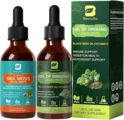 B BEWOTHS - Líquido de clorofila de musgo marino irlandés con aceite de semilla negra, Ashwagandha, moringa, cúrcuma, saúco + gotas de aceite de