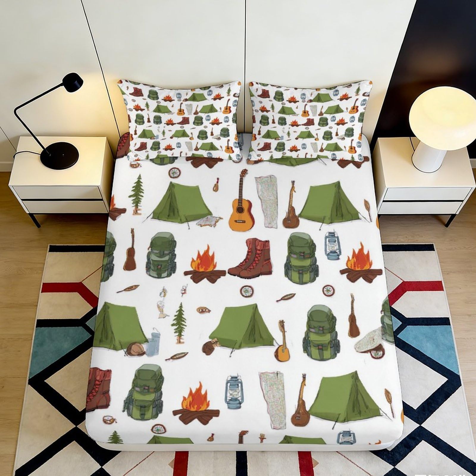 3D Printed Camping Tent Fitted Sheet Microfiber Soft Fire Guitar Mattress Cover for Bedroom Dorm Decoration 90x200x25cm