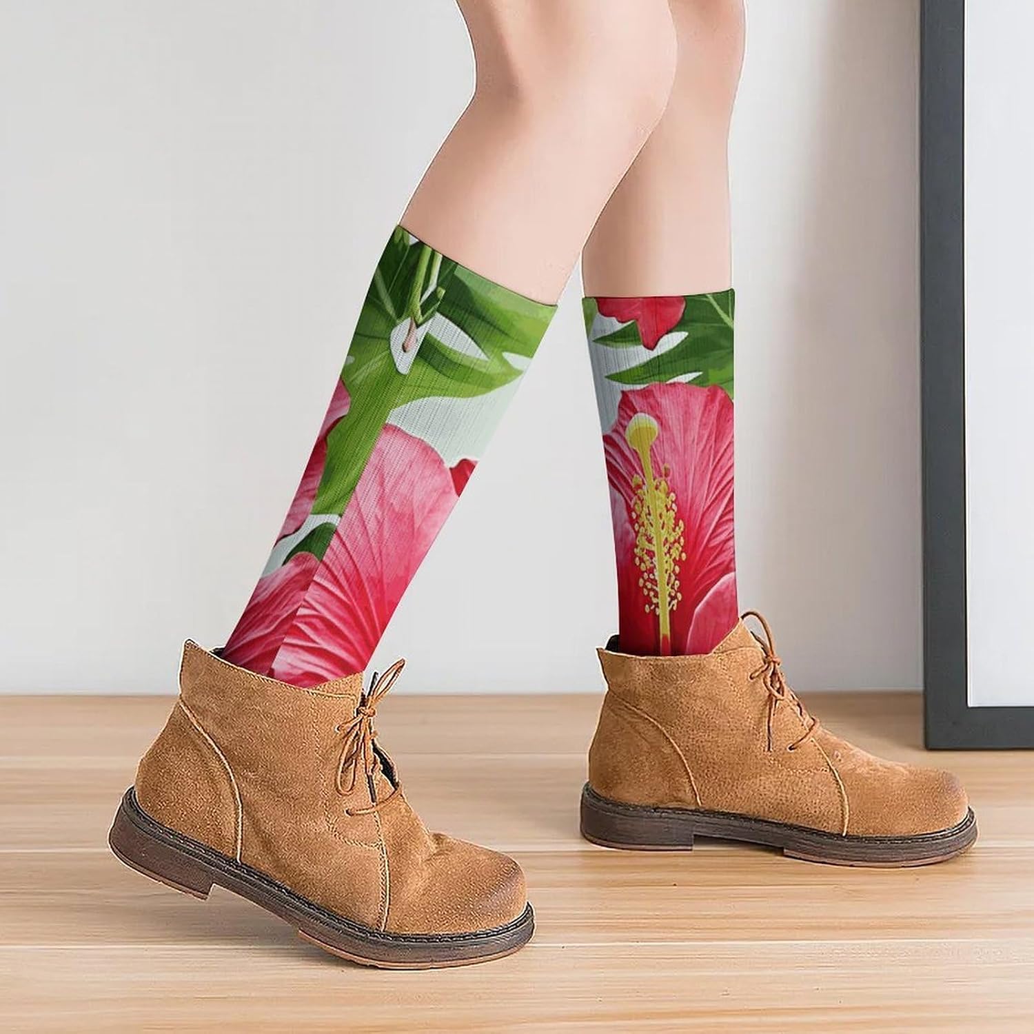 Breathable Crew Sock, Moisture Wicking, Athletic Calf Socks, Cozy | Hibiscus Flower Compression Socks for Women Men, Lightweight High Work Socks for Business, Casual