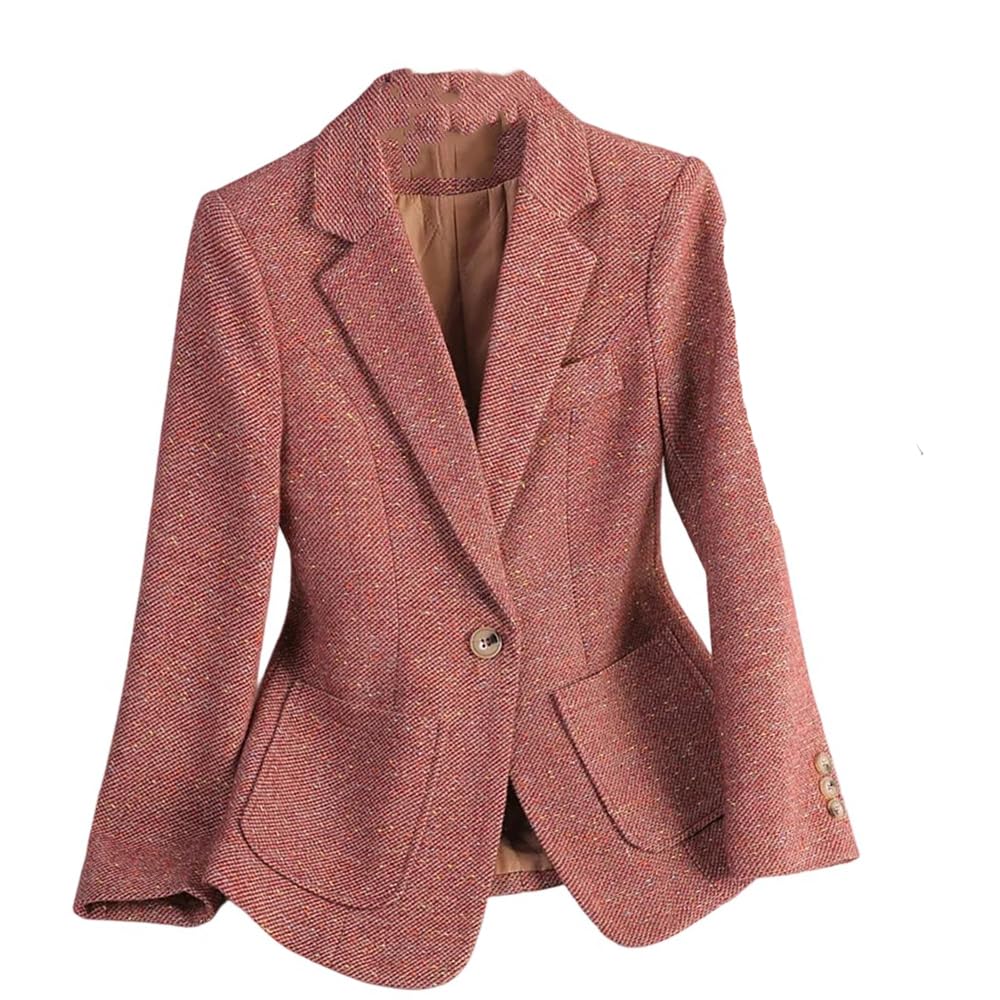 Womens Long-Sleeved Wool Blazer Autumn Winter Tweed Office Blazer Slim Fit Single-Button Jacket