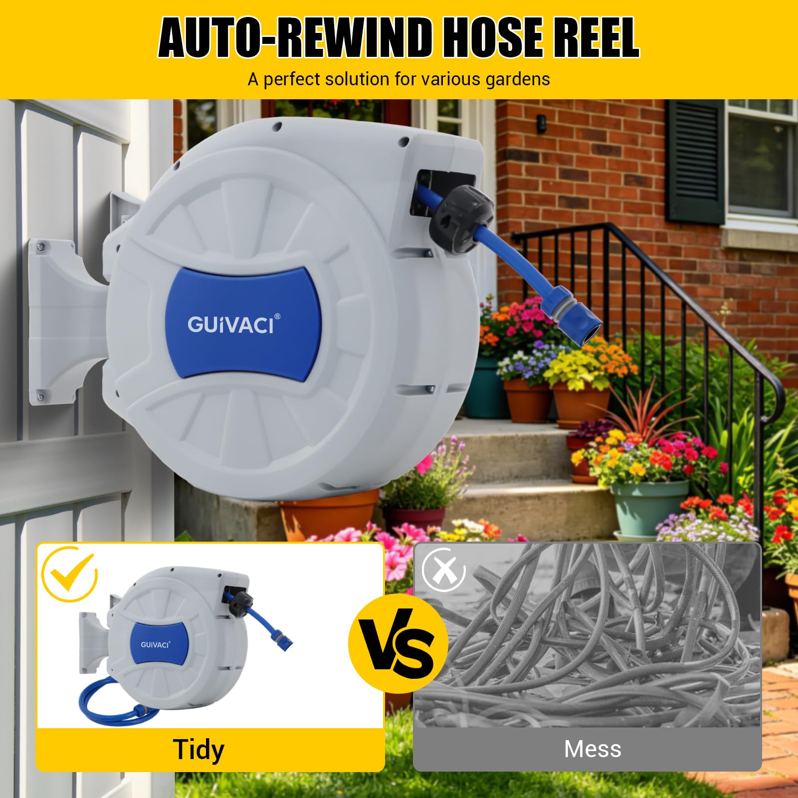 Boîte de tuyau murale de 30 m avec enrouleur automatique - Pistolet pulvérisateur à 8 fonctions, support mural orientable à 180°, pour arrosage du jardin et nettoyage de la voiture