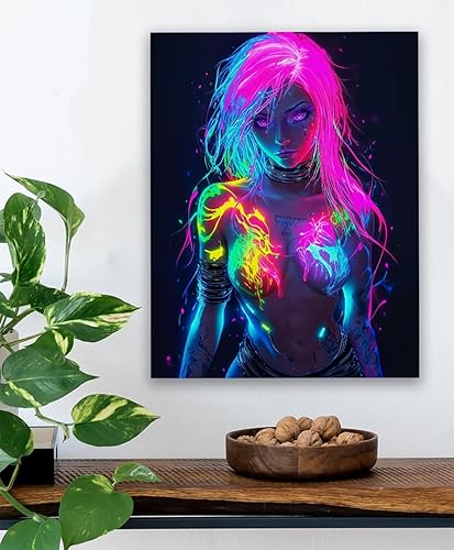 Miniatura 8 de Neon Power - Impresión sin marco de figura femenina de 18 x 24 pulgadas con pintura corporal brillante para salas de juegos, dormitorios, cuevas de