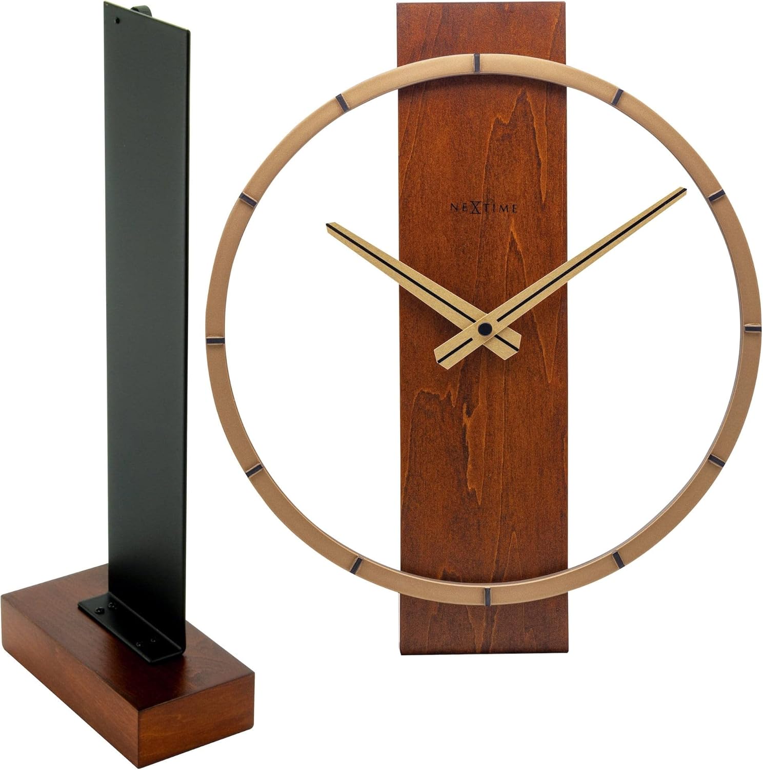 NEXTIME Table/Wall Clock-34 x 27 cm-Wood/Steel-Brown-'Carl Small', 27 x 1 cm