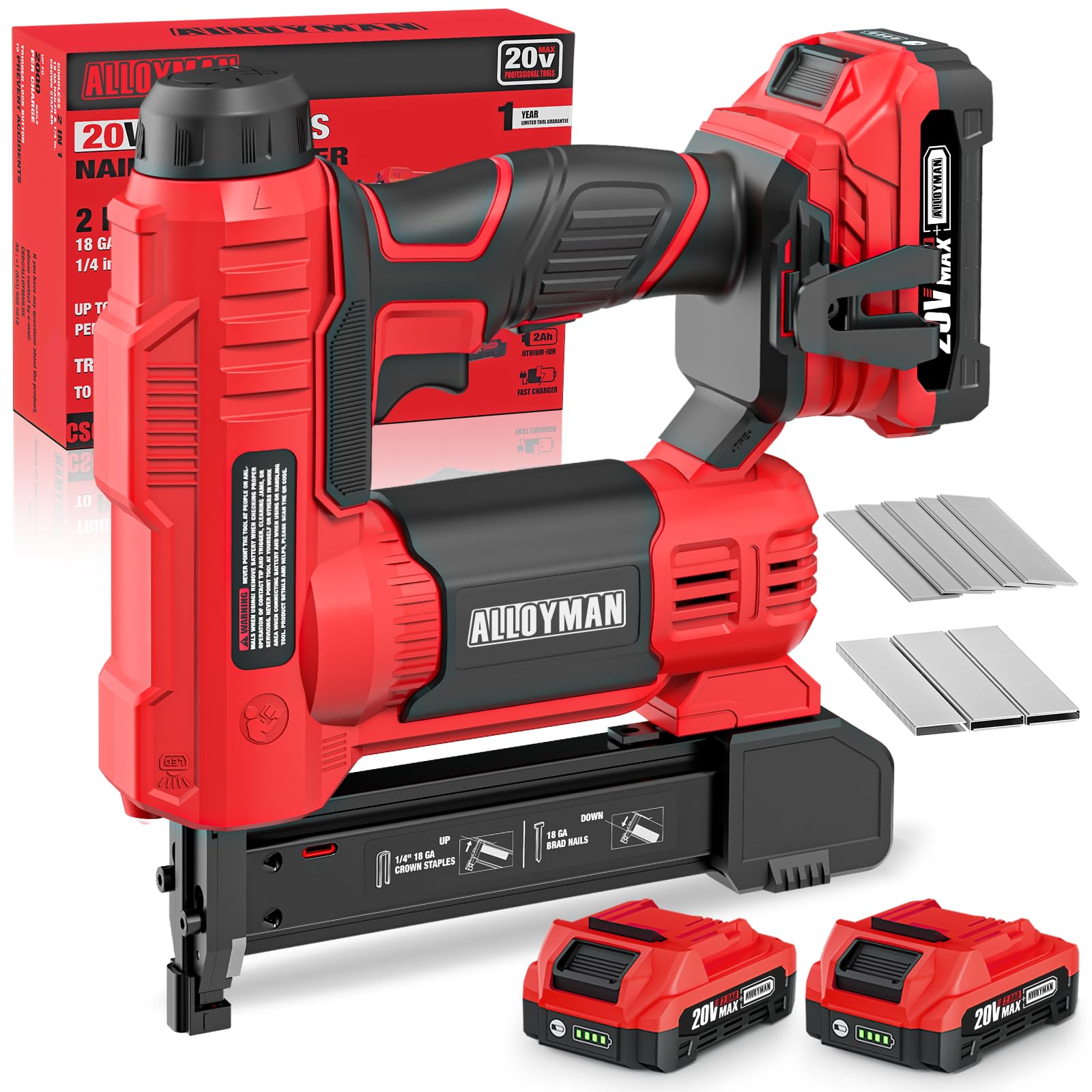 ALLOYPOWER 20V Nail Gun Battery Powered, 2 in 1 Cordless Brad Nailer/Electric Stapler with 2.0Ah Battery and Charger,1000pcs Nails and 500pcs Staples Included for Home Improvement & Woodworking
