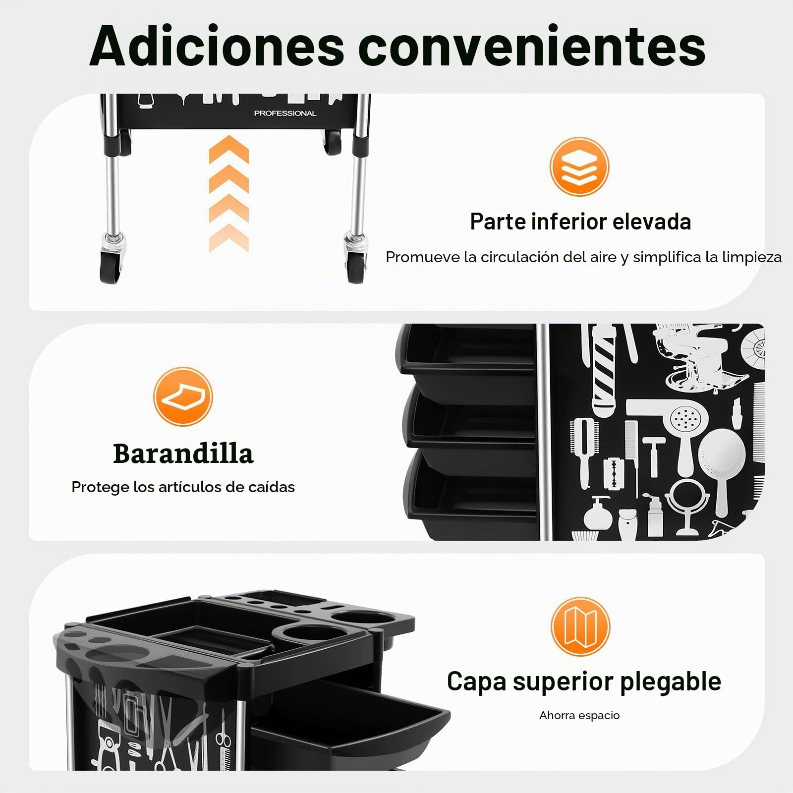 Carro de peluquería con 5 cajones extensibles, carrito de trabajo plegable para hogar y salón de belleza, capacidad 100 kg (negro)