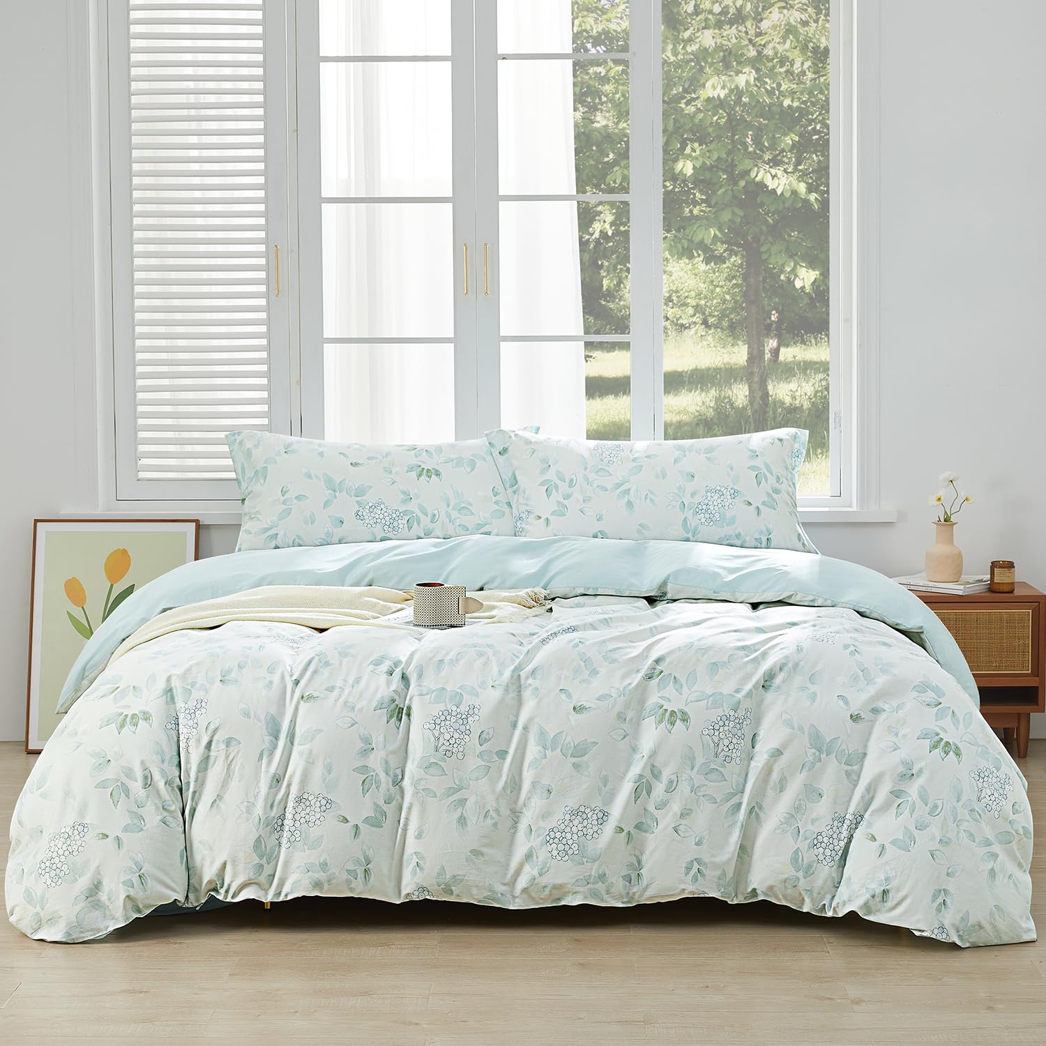 SAPHREAS Agua Blue Botanical Duvet Cover 100% Cotton Single Size Leaves Bedding Comforter Cover Set Soft 1 Duvet Cover 1 Pillow Sham