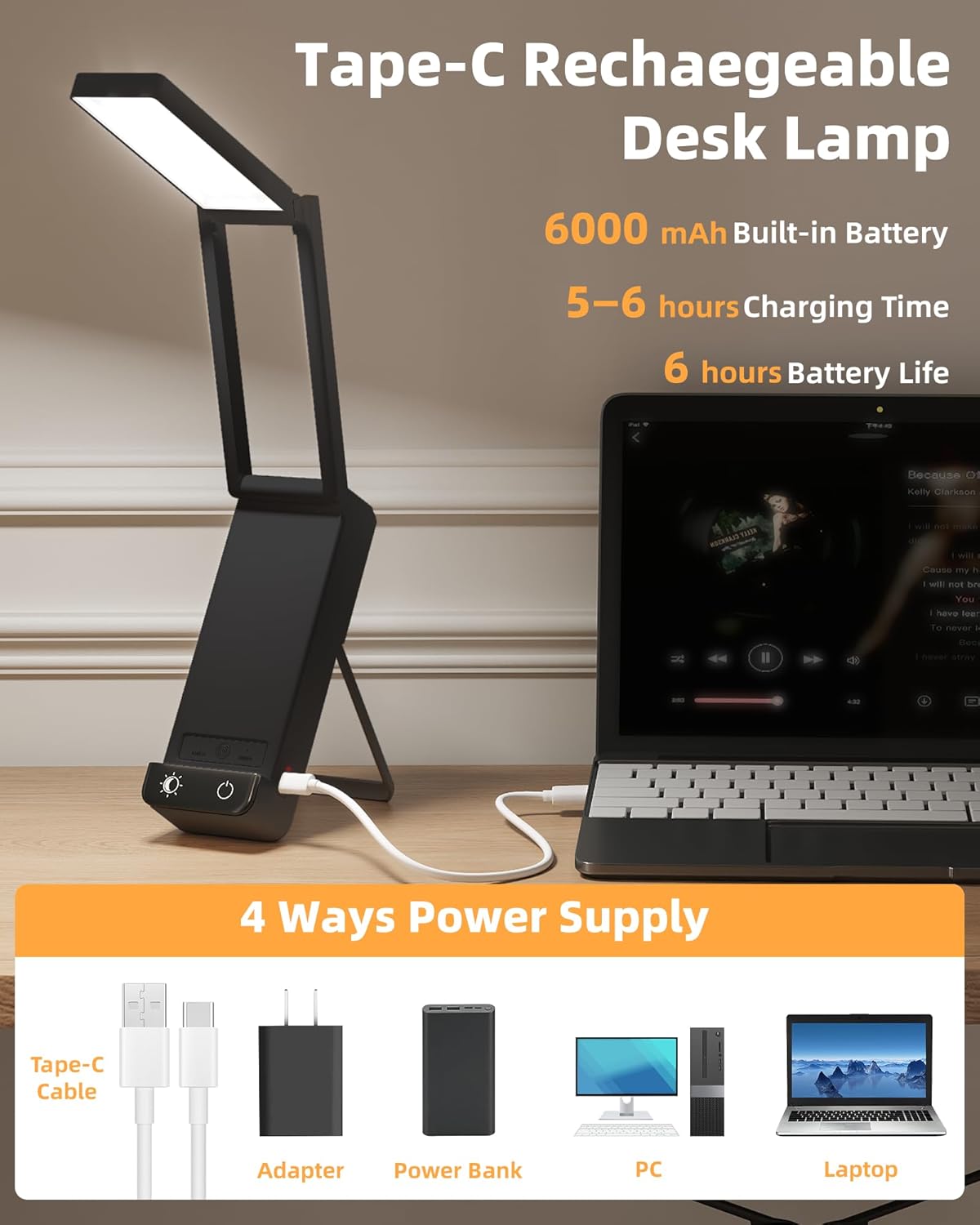 EZVALO LED Rechargeable Desk Lamp, 6000mAh Battery Operated Light, Cordless Table Lamp for Book Reading, Foldable Mini Lamp & Portable, 3 Color Dimmable Small Wireless Reading Lamp, Black