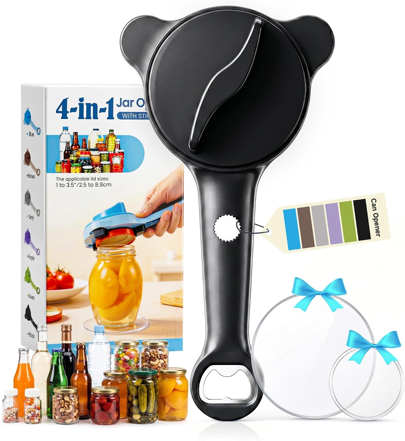 2026 Upgraded 4-in-1 Jar Opener - Adjustable Stainless Steel Lid Remover for Seniors & Arthritis Sufferers, Fits Kitchen Jars, Bottles & Cans Black